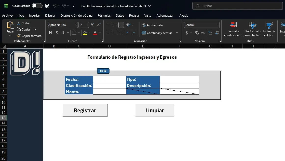 Formulario de la planilla de finanzas personales